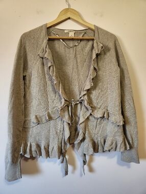 DKNY Ruffled Tie-front Cardigan Light Gray Knit Size M EUC
